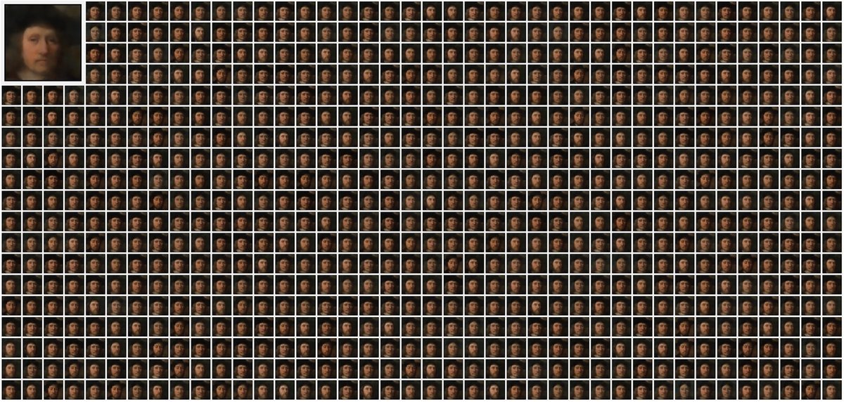 An image from Zheng Dai and David K. Gifford's study. The image at top left was generated by a model trained on public domain artwork created by 744 artists. Alongside are shown all the images that would have been generated had any one of the 744 artists been omitted from the training set Courtesy Zheng Dai, David K. Gifford and Nature Communications
