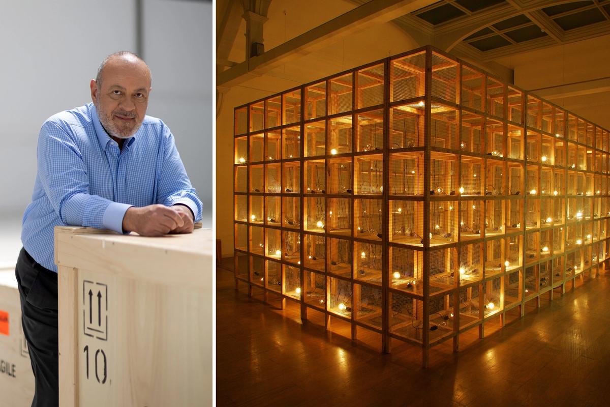 Dimitris Daskalopoulos (left) has donated 350 works, including Mona Hatoum's Current Disturbance (1996, right), which will be going to Tate in London Daskalopoulos photo: Natalia Tsoukalas; Hatoum: Mona Hatoum, courtesy White Cube, London and Alexander and Bonin, New York, photo: Geoff Craddick/PA/Whitechapel Gallery