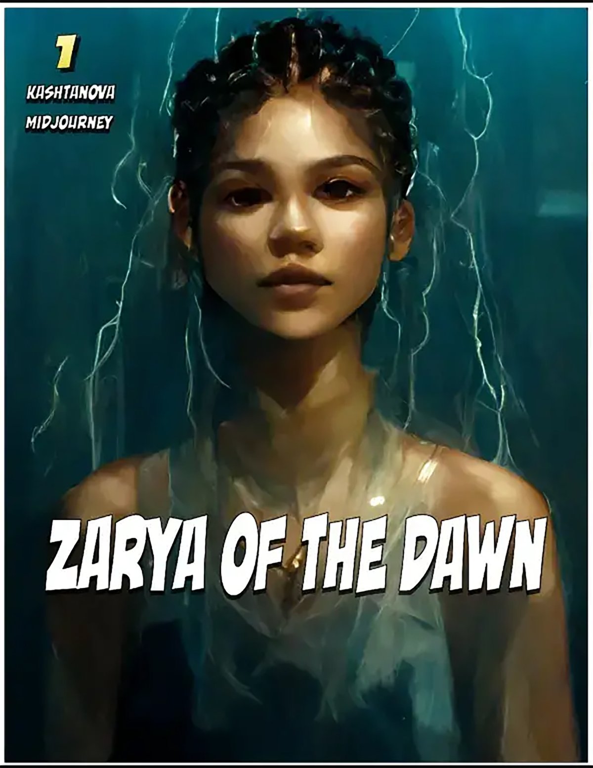 Detail from the cover for the comic book, Zarya of the Dawn (2023), whose author, Kris Kashtanova, used the AI-powered text-to-image generator Midjourney to create the illustrations. She was granted copyright in the book but not its AI-generated images
Courtesy Kris Kashtanova