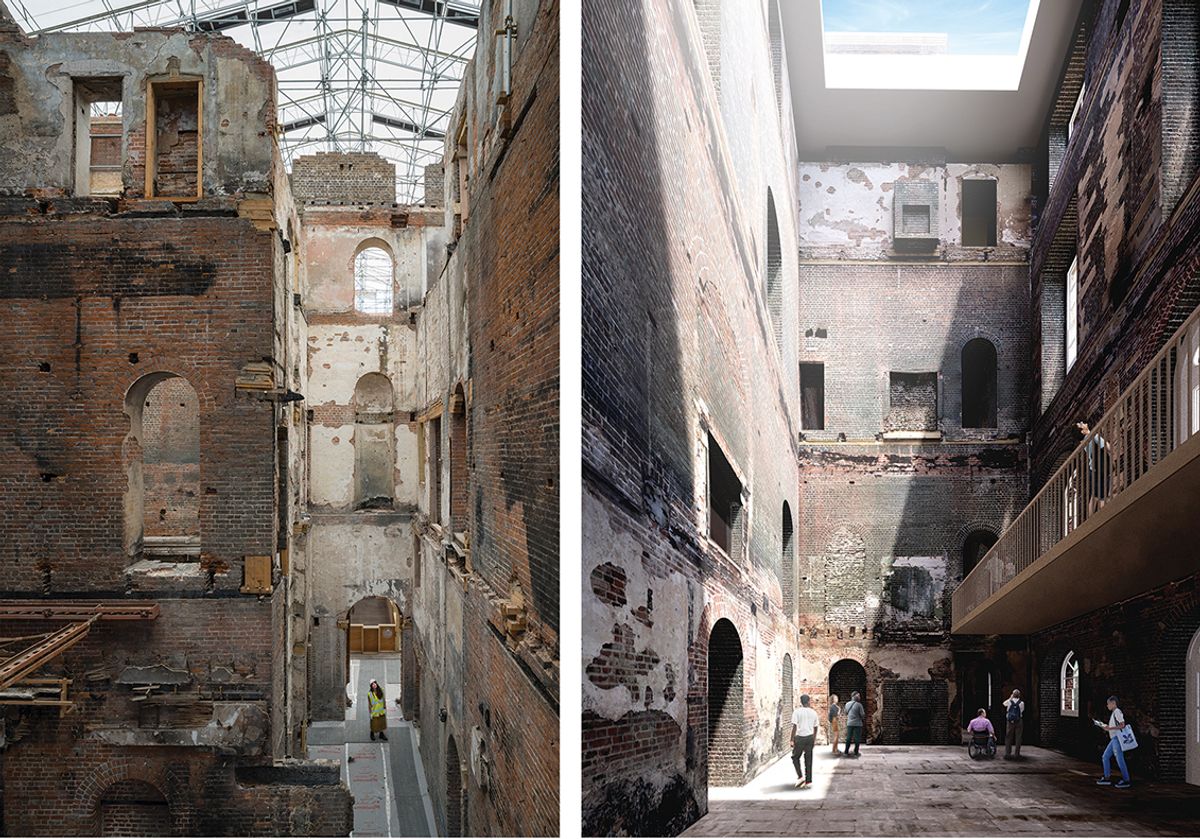 Clandon Park’s brick structure (above left) survived the 2015 fire; the National Trust is working with Allies and Morrison to create an “x-ray” view of the surviving interior floors (above right)—a move opposed by Restore Trust
National Trust Images/Andrew Shaylor (left); Allies and Morrison (right)