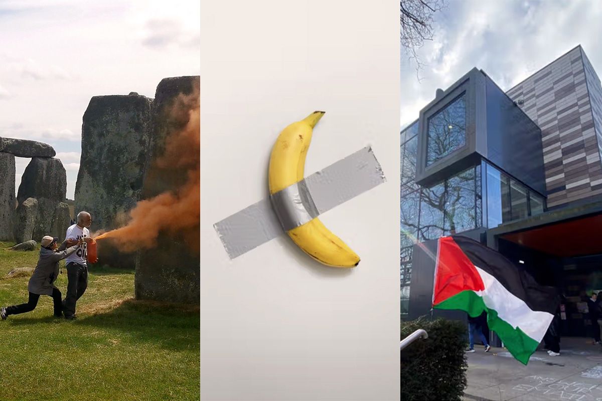 Stonehenge was sprayed with orange paint by protestors in June of this year; Maurizio Cattelan’s Comedian fetched $6.2m at Sotheby’s New York in November; and students from the group Goldsmiths for Palestine occupied Goldsmiths CCA in the summer Stonehenge image: Courtesy of Just Stop Oil