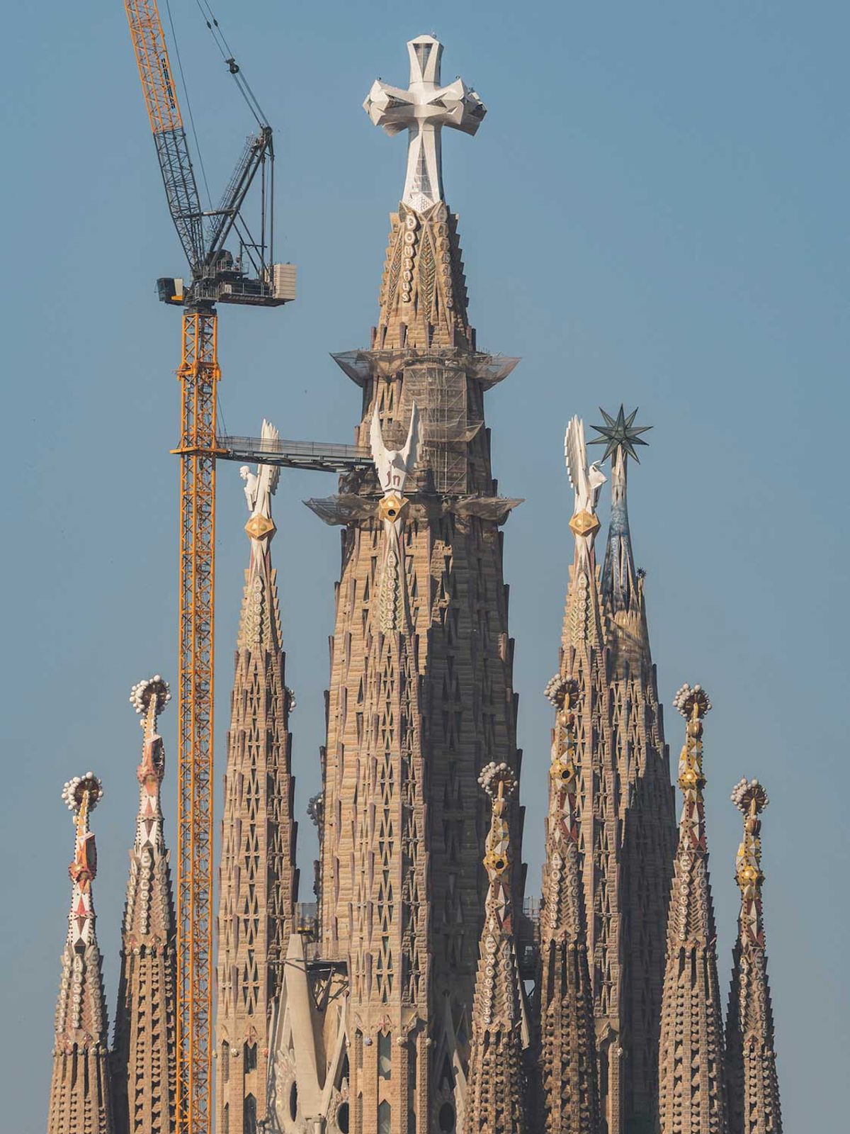 The recent installation of a four-arm cross on the central lantern tower of the Sagrada Família completed the construction of the arboriform basilica © Pep Daude
