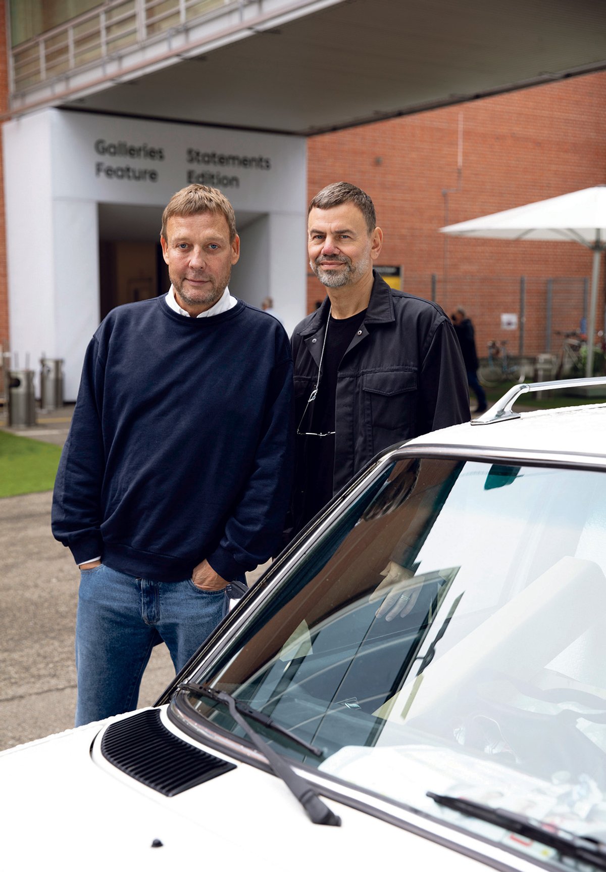 From left: Michael Elmgreen and Ingmar Dragset with The Outsiders (2020) at Art Basel in 2021 Photo: Sebastiano Pellion di Persano; © Elmgreen & Dragset; courtesy Pace Gallery