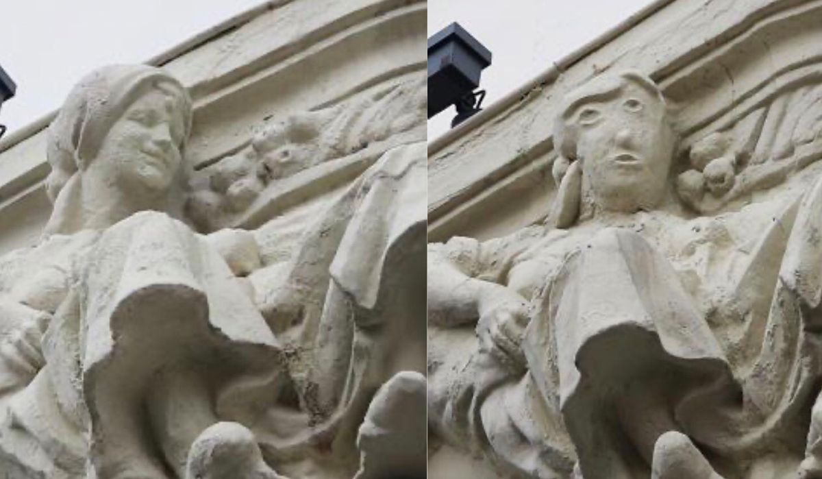 Before and after of the disastrously restored statue, which adorns a high street bank in the Spanish city of Palencia © Antonio Guzmán Capel / Facebook