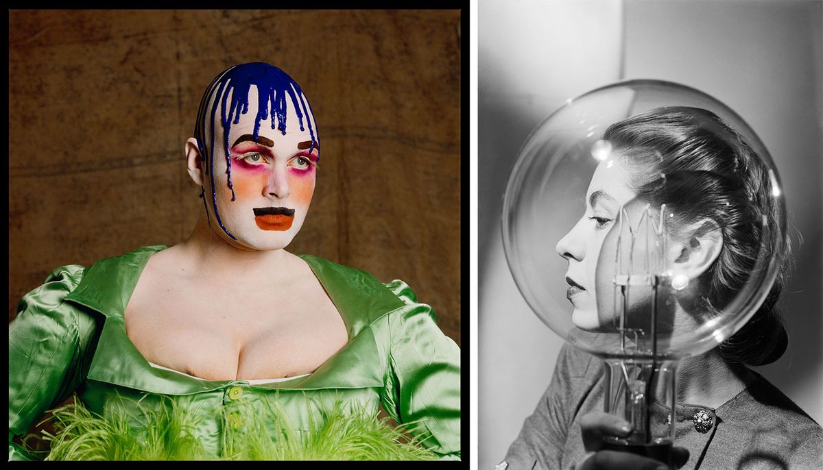 Fergus Greer, Leigh Bowery Session I Look 2, 1988 (right) and Lee Miller, Model with lightbulb, Vogue Studio, London, England, about 1943 Miller: © Lee Miller Archives, England 2024. All rights reserved. leemiller.co.uk. Greer: © Fergus Greer, ©️ Estate of Leigh Bowery 