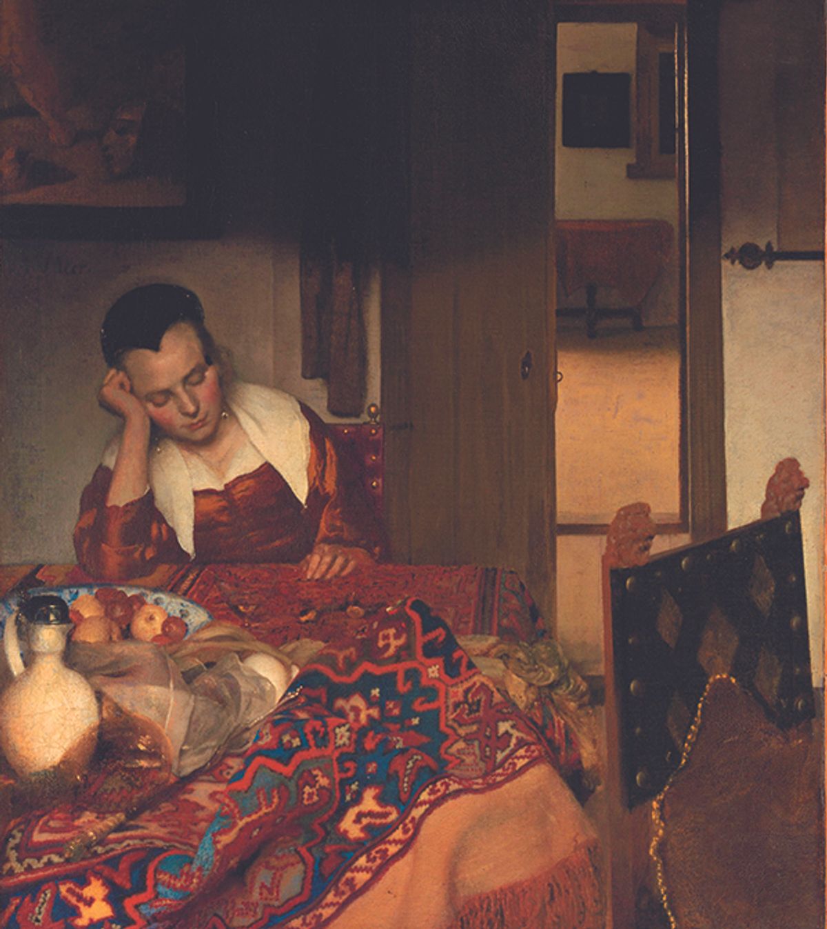 Vermeer's A Maid Asleep (around 1656-57) originally included a reflected portrait of the artist in a mirror: the maid may be an exhausted model