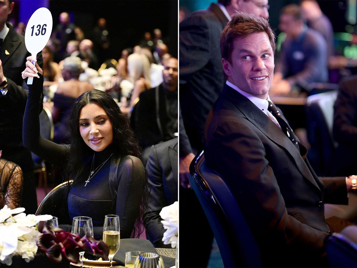 Kim Kardashian (left) and Tom Brady (right) compete for a work by George Condo during a charity auction at the Reform Alliance's fundraiser on 30 September Kardashian photo by Dave Kotinsky/Getty Images for Reform Alliance; Brady photo by Dimitrios Kambouris/Getty Images for Reform Alliance