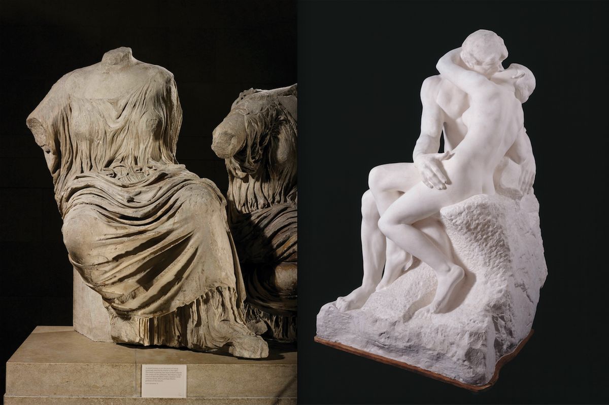 Auguste Rodin manipulated the form of Phidias’s rising goddess figure from the east pediment of the Parthenon (left) to create a new composition for The Kiss Goddess: The Trustees of the British Museum. Rodin (plaster cast made from marble version after 1898): © musee Rodin; Photo: Adam Rzepka