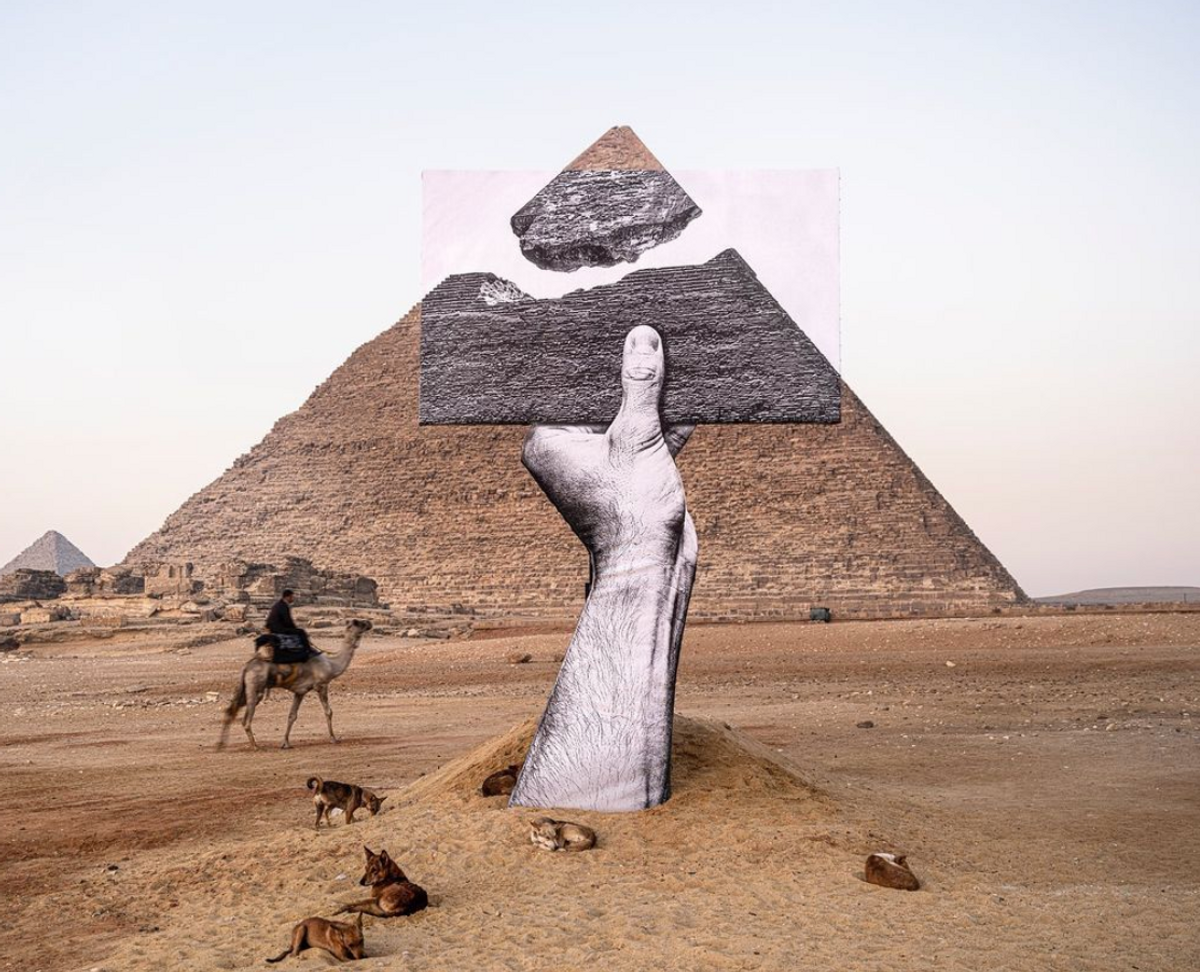The Forever is Now exhibition—including JR's optical illusion—is on show at Cairo's Pyramids of Giza until 7 November Photo: MO4 Network / @artdegypte / Instagram