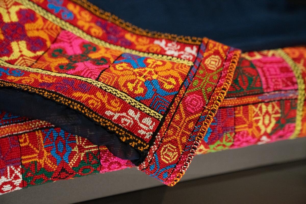 Installation view of Palestine Uprooted at the Canadian Museum for Human Rights, showing ornate tatreez embroidery Photo: Annie Kierans. Courtesy the Canadian Museum for Human Rights, Winnipeg, Manitoba