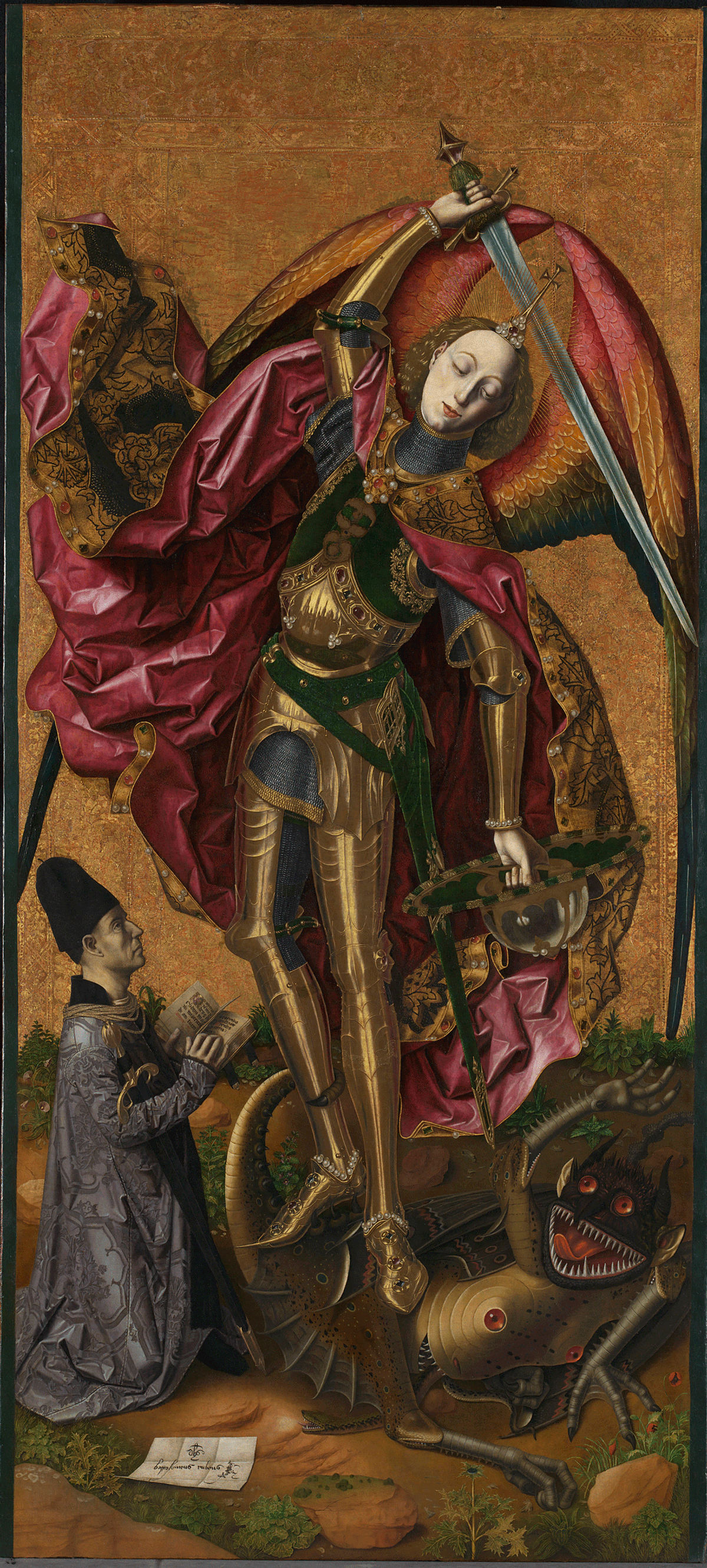 Bartolomé Bermejo's Saint Michael triumphant over the Devil with the Donor Antoni Joan (1468) © The National Gallery, London