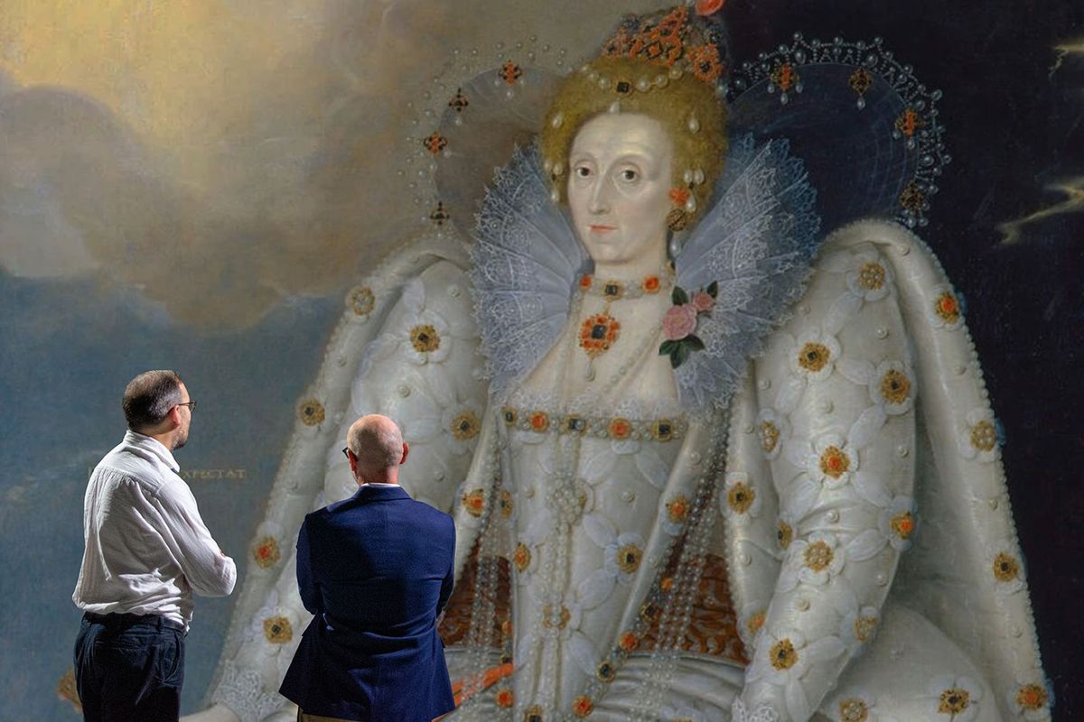 Frameless team members run a technical test on a giant projection of a painting from the National Portrait Gallery collection—the celebrated Ditchley portrait of Queen Elizabeth I (around 1592), by Marcus Gheeraerts the Younger—at the company’s headquarters at Marble Arch, central London. The final selection of portraits to be used as sources for Stories—Brought to Life will be made in early 2025 Courtesy Frameless Creative and National Portrait Gallery