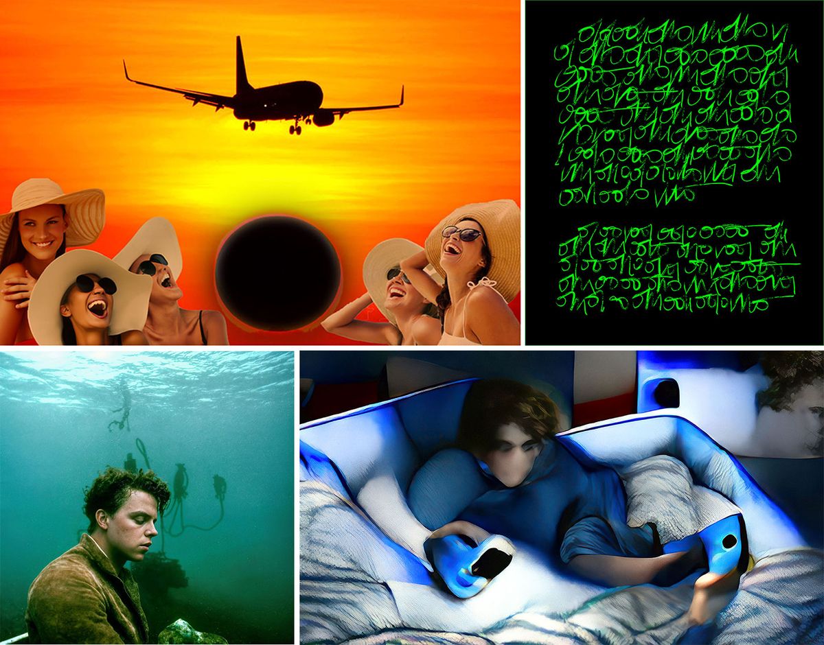 Four works showing in the survey exhibition Le Monde Selon L’IA at Jeu de Paume, Paris. Clockwise from top left: Gwenola Wagon, Chroniques du soleil noir, 2023; Sasha Stiles, ArsAutopoetica, 2023; Inès Sieulle, The Oasis I Deserve, 2024; Gregory Chatonsky, La Quatrième Mémoire, 2025 Wagon: © Gwenola Wagon. Stiles: © Sasha Stiles. Sieulle: © Inès Sieulle. Chatonsky: © Gregory Chatonsky