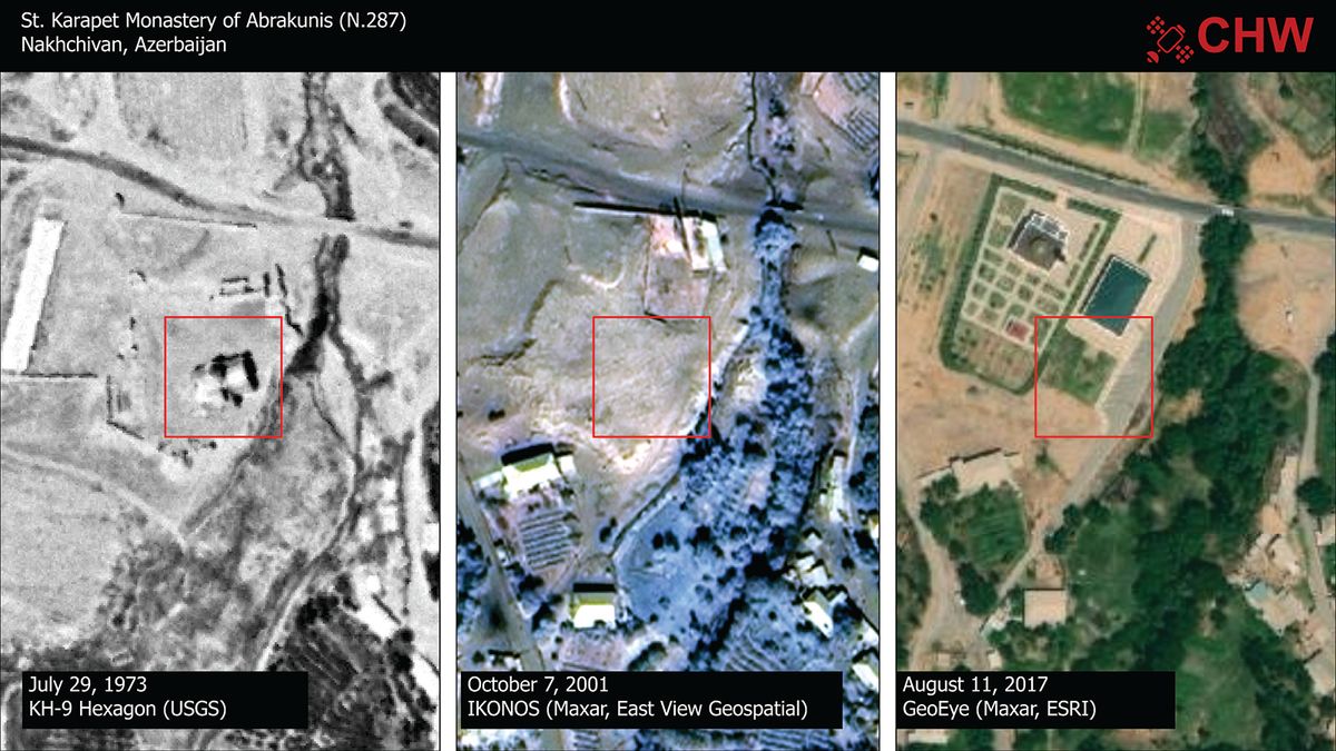 Satellite images compiled by Caucasus Heritage Watch show how the 14th-century Saint Karapet monastery in Nakhchivan (above left) was first destroyed (above centre) and then replaced by a new mosque (above right)