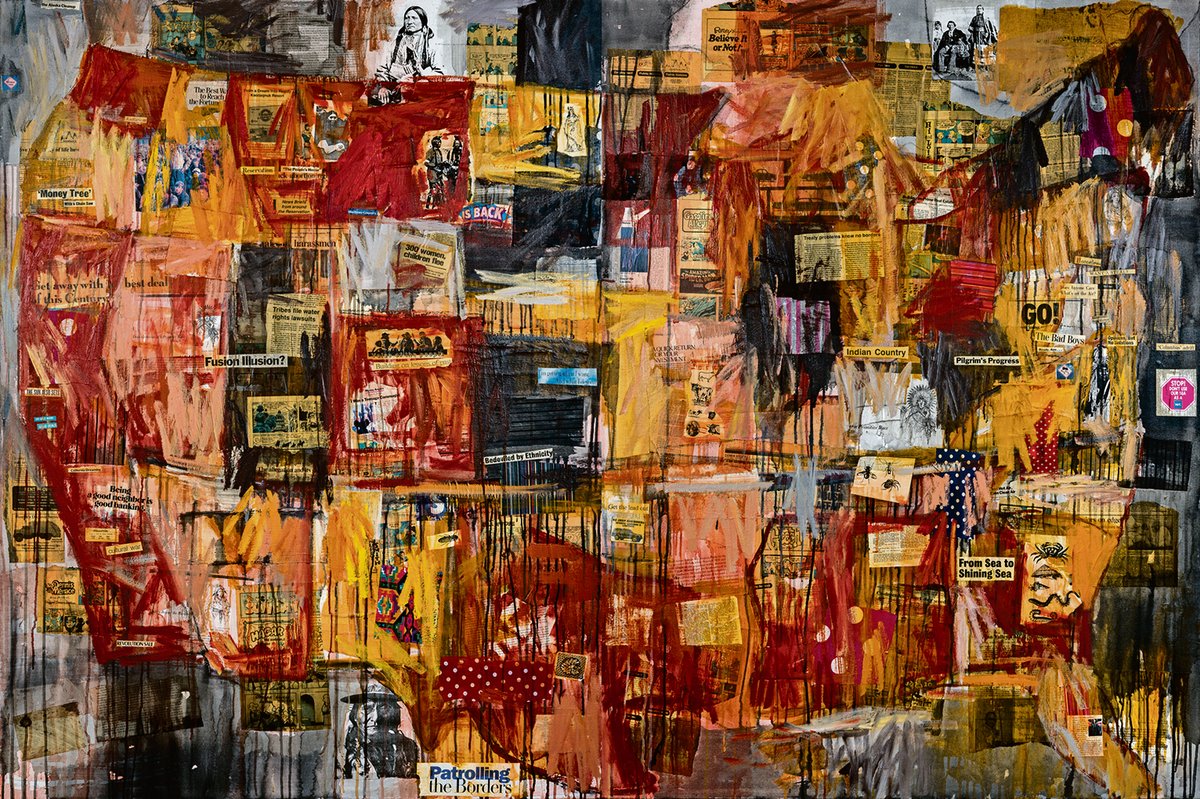 In the beginning: Indian Map (1992) was the first Jaune Quick-to-See Smith work to repurpose the US map as a way of criticising land theft and countering settler foundation myths and stereotypes about Native Americans
Smith: © the artist, Photo by David Bowers