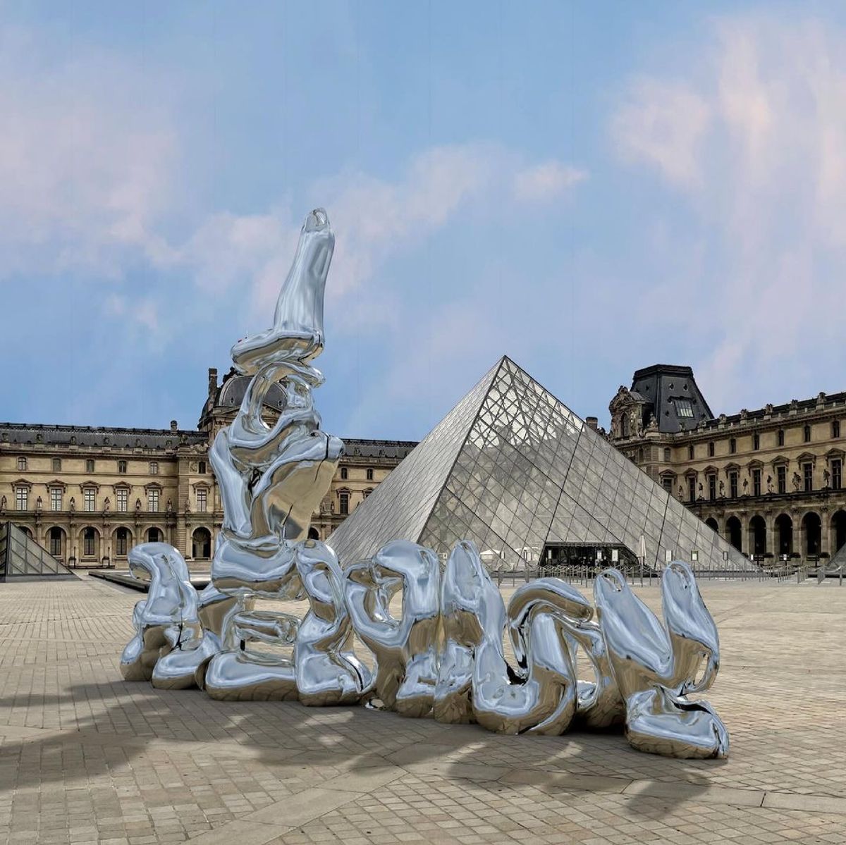 Andy Picci's digital work Love Yourself, visible by using a smartphone near the Louvre pyramid in Paris, is part of CADAF's Digital Art Month Image: Andy Picci
