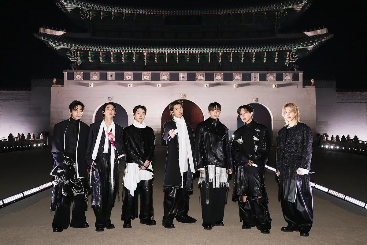 Jin, Suga, J-Hope, RM, Jimin, V and Jung Kook of the K-pop band BTS performing their Arirang concert at Gwanghwa-mun main street in Seoul, South Korea on 21 March 2026. Photo: BIGHIT / Netflix / Handout via Sipa USA