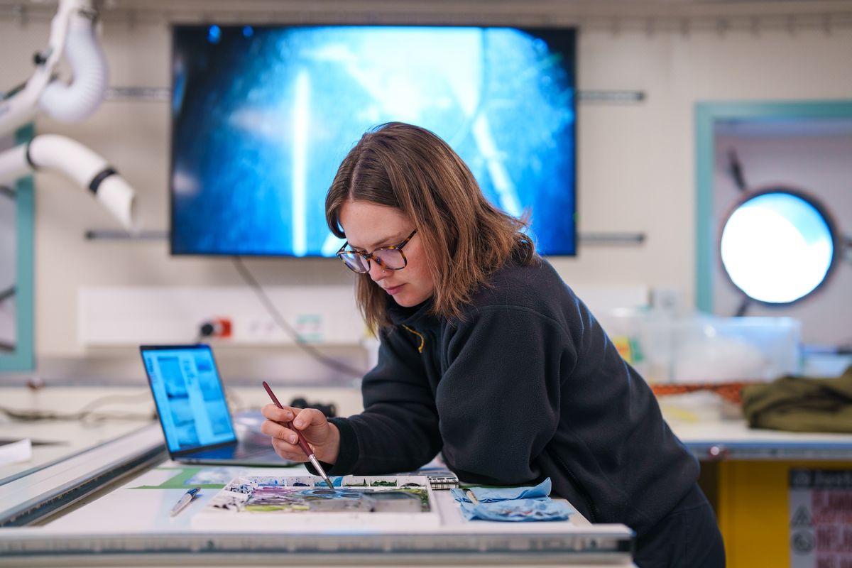 The artist Jill Pelto working aboard the Schmidt Ocean Institute's research vessel Falkor (too) during the institute's Artist-at-Sea programme Courtesy the Schmidt Ocean Institute