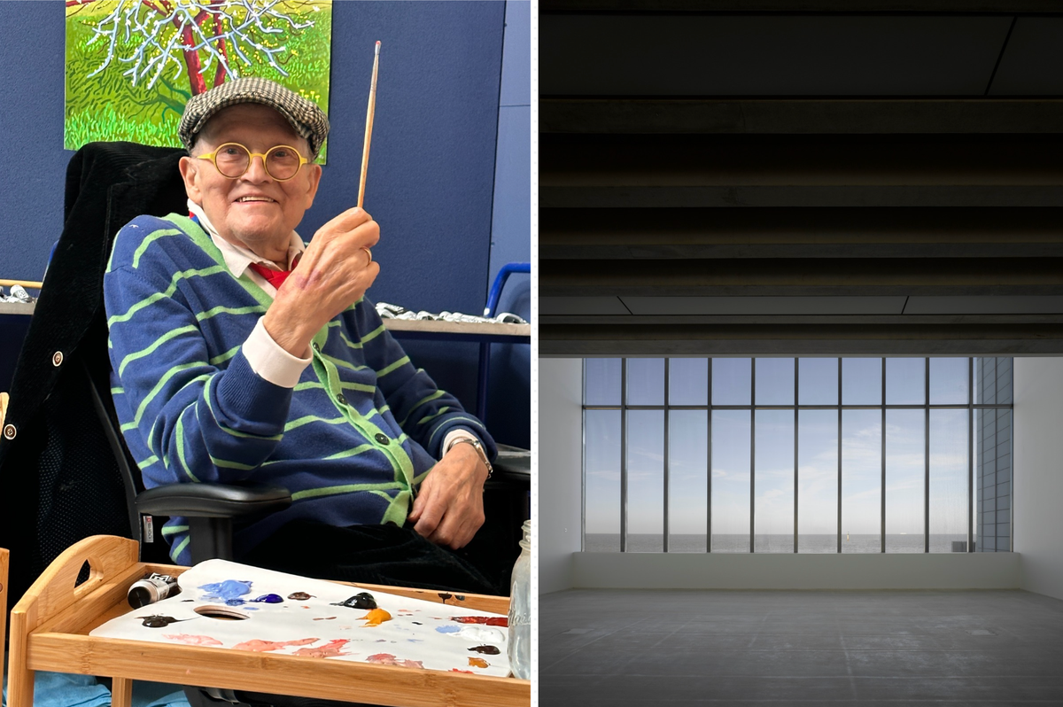 David Hockney (left) will create a work for the Sunley Gallery window (right) to celebrate the Margate Museum's 15th anniversary Hockney: © David Hockney, photo: Jean-Pierre Gonçalves de Lima; gallery: Photo: Richard Bryant, courtesy Turner Contemporary