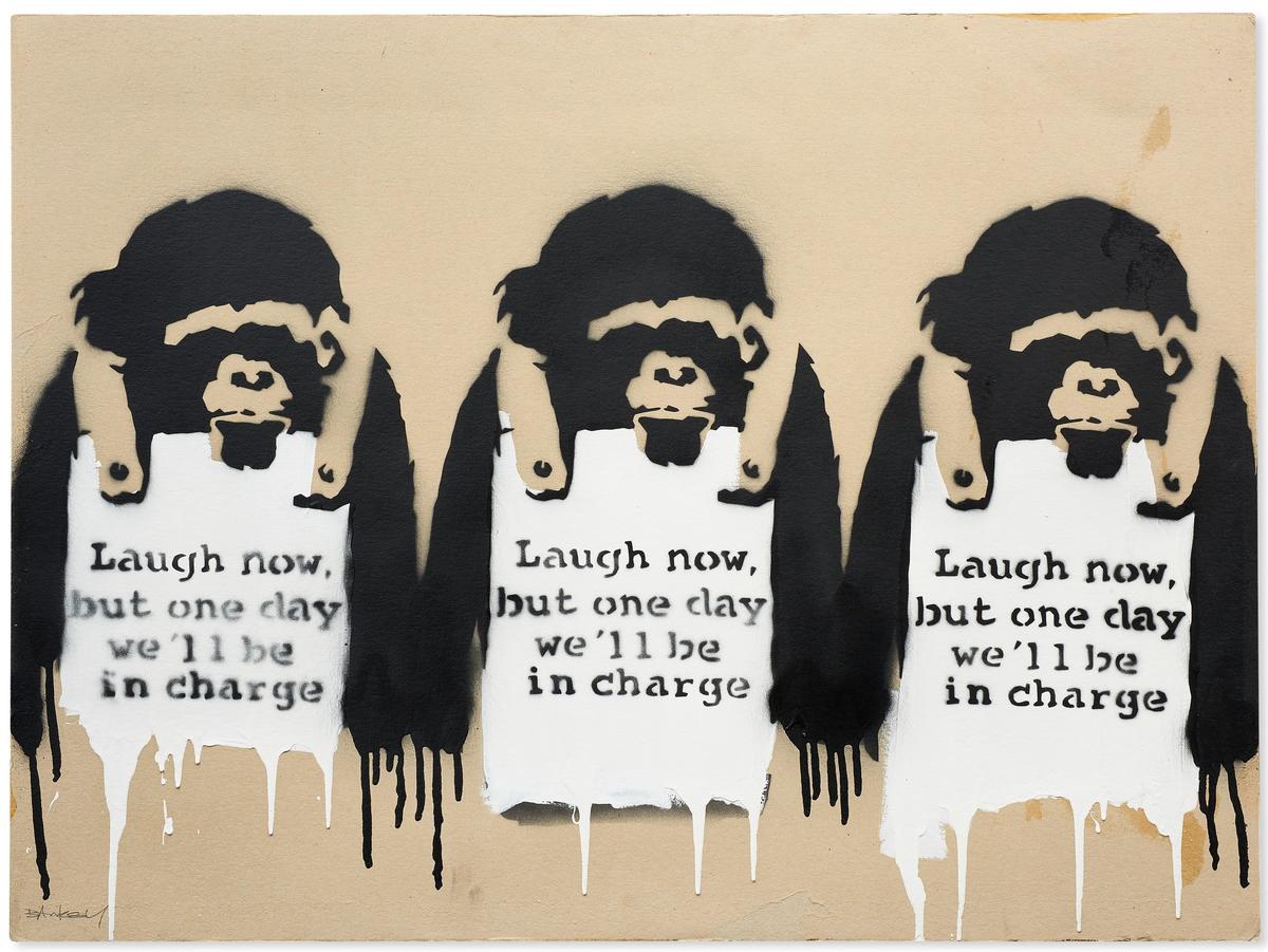 Banksy's Laugh Now But One Day We'll Be In Charge (2002), sold at Christie's on 11 May for $2.1m (with fees) Courtesy of Christie's