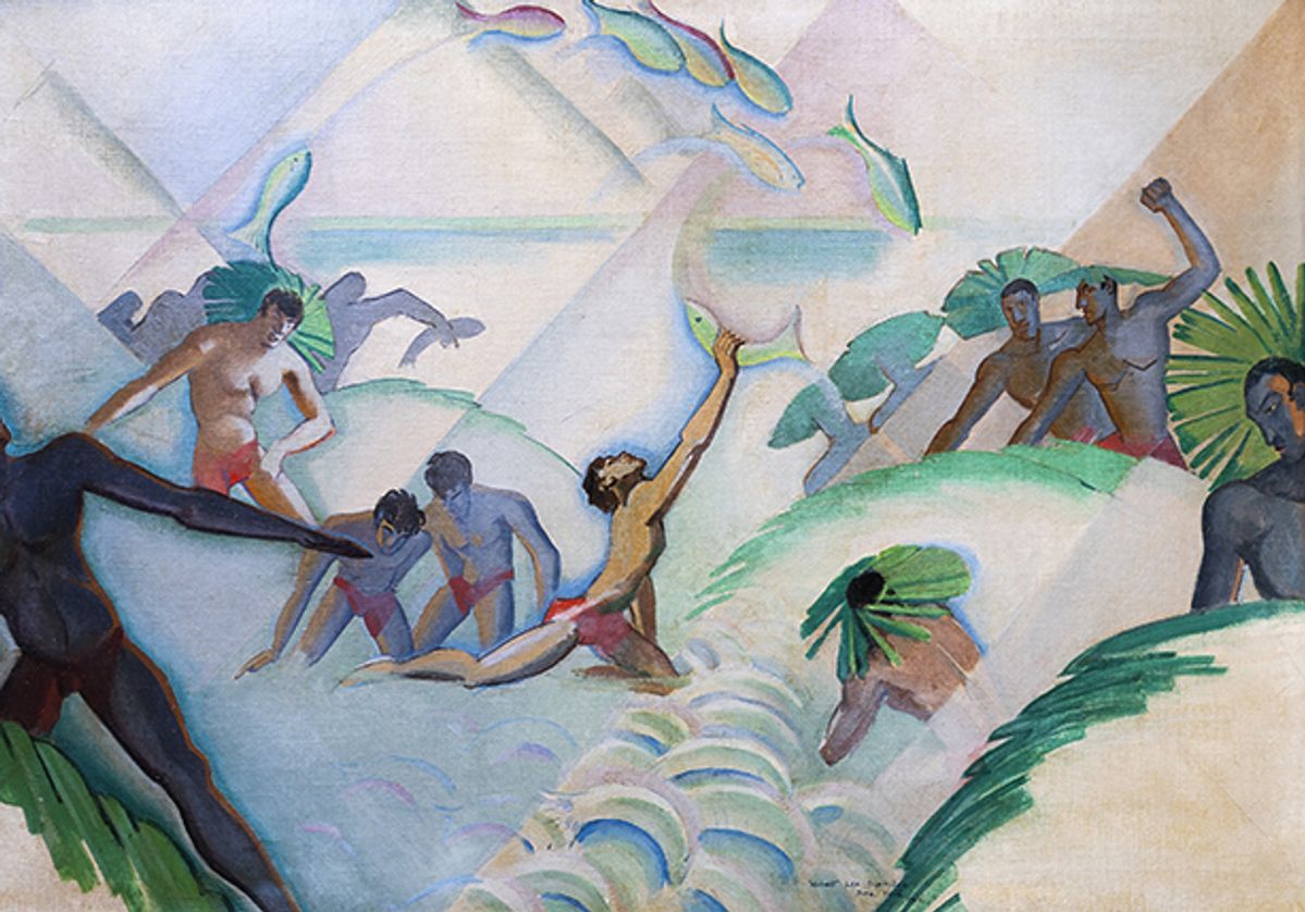 Robert Lee Eskridge’s Stone-Fishing (around 1930) shows the Polynesian fishing practice of using ropes and stones Courtesy of www.GalleryHawaiiana.com