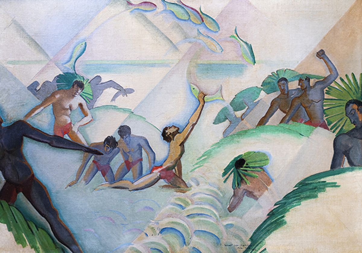 Robert Lee Eskridge’s Stone-Fishing (around 1930) shows the Polynesian fishing practice of using ropes and stones Courtesy of www.GalleryHawaiiana.com