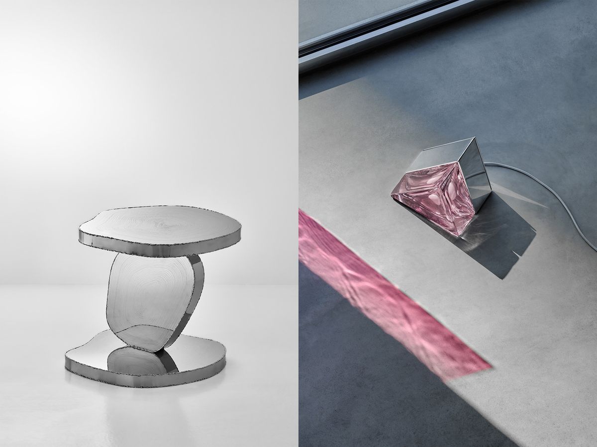 Hyungjun Lee's Wood Stack Side Table (2023, left) and Analog Glass, Lola collection, Floor Lamp (2023, right) Table: © Hyungjun Lee. Lamp: © Robert Swierczynski