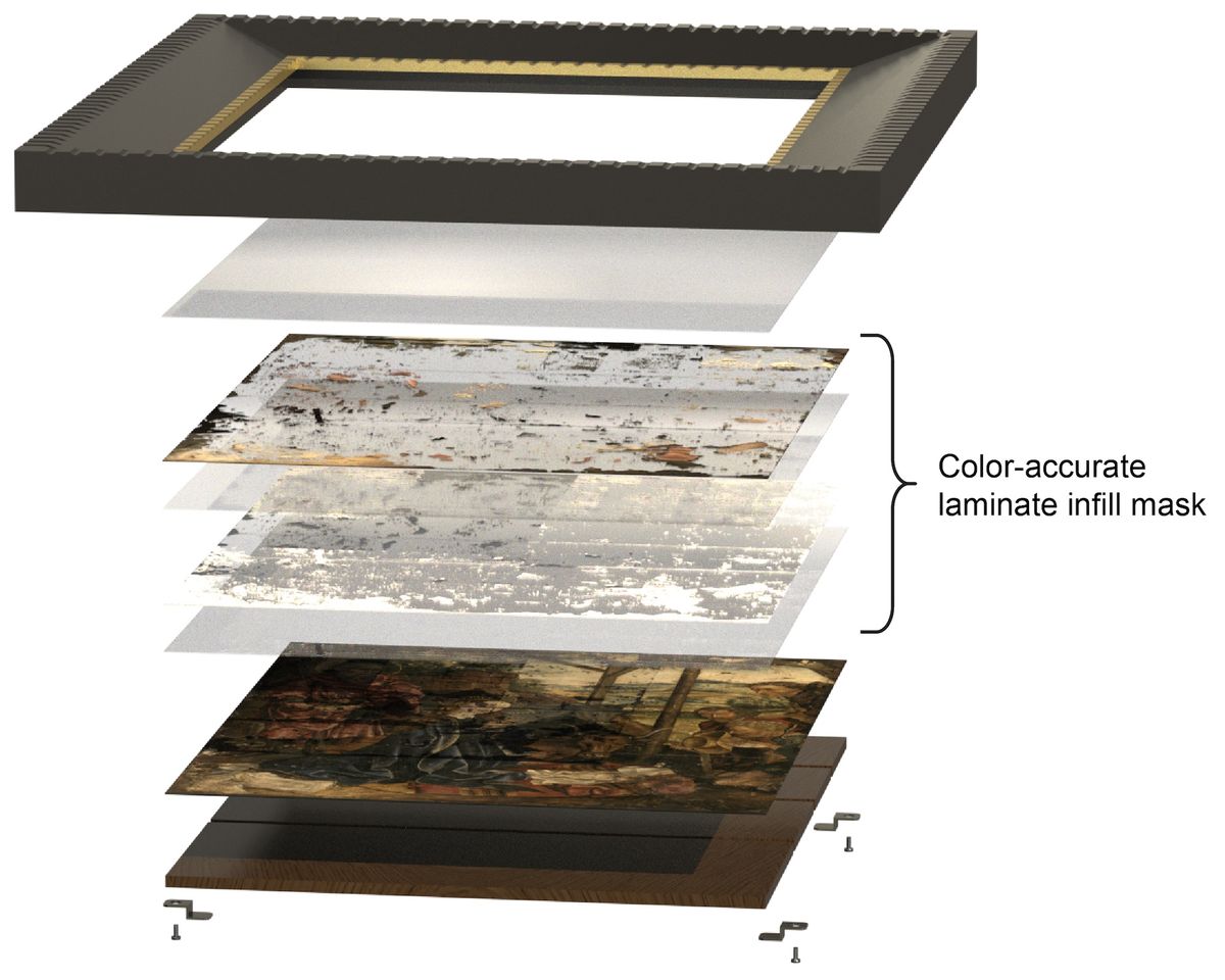 The layering of materials in Alex Kachkine's restoration process, including laminate masks printed with customised AI imagery to layer atop damaged areas Courtesy Alex Kachkine