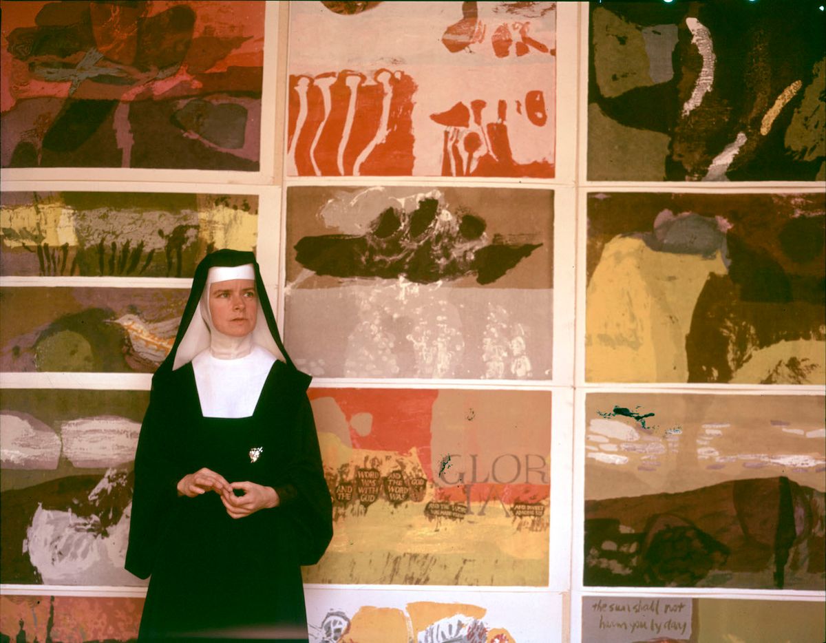 Corita Kent in her studio in the mid-1960s Courtesy Corita Kent Art Center