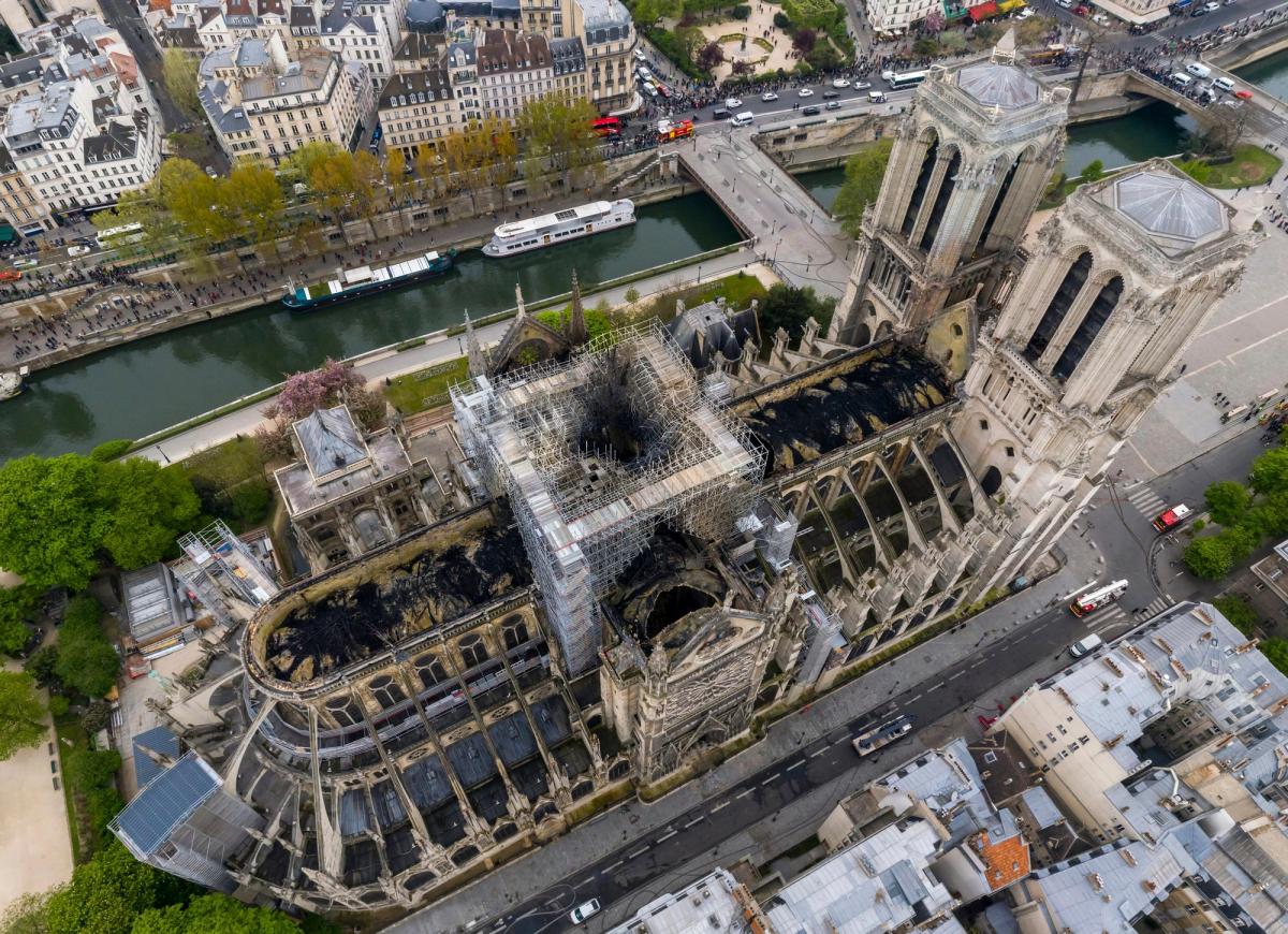 An aerial shot shows the fire damage to Notre Dame cathedral in Paris Gigarama.ru via AP