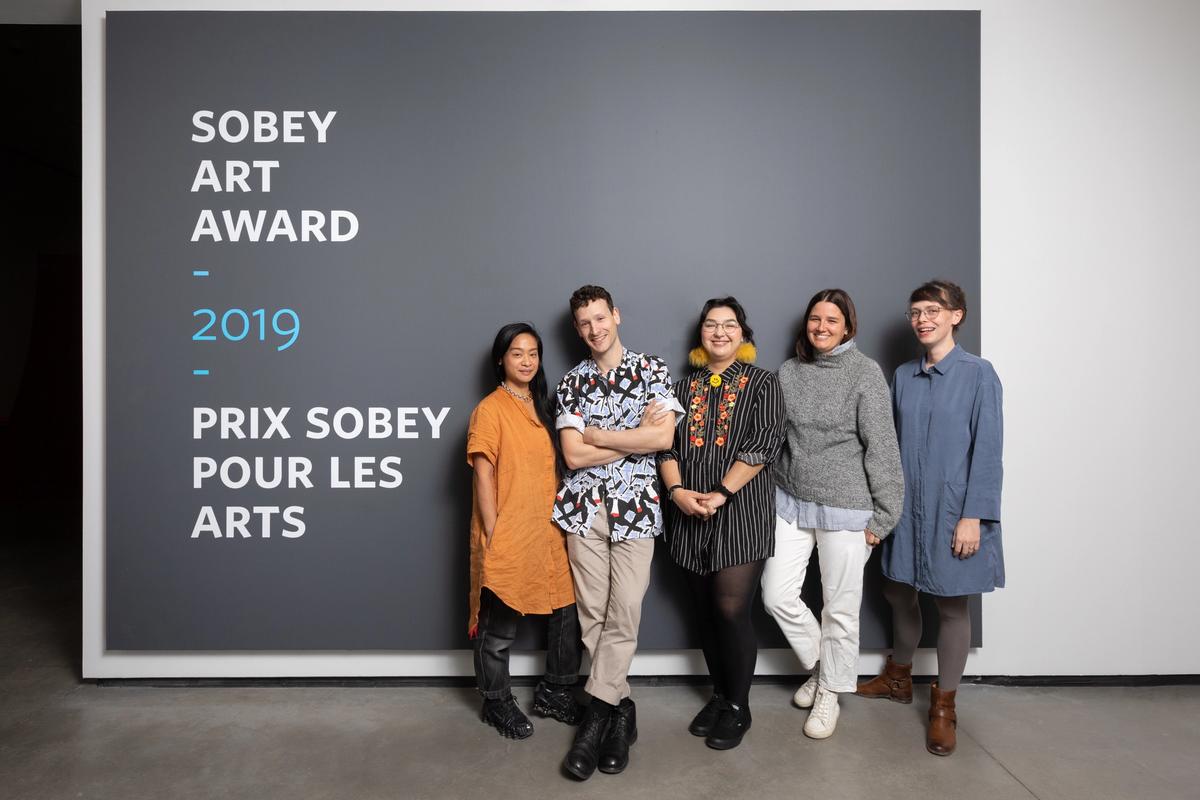 The finalists for the 2019 Sobey Art Award: Stephanie Comilang (Ontario), Nicolas Grenier (Québec), Kablusiak (the Prairies and North), Anne Low (the West Coast and Yukon) and D’Arcy Wilson (the Atlantic) © 2019 Leroy Schulz