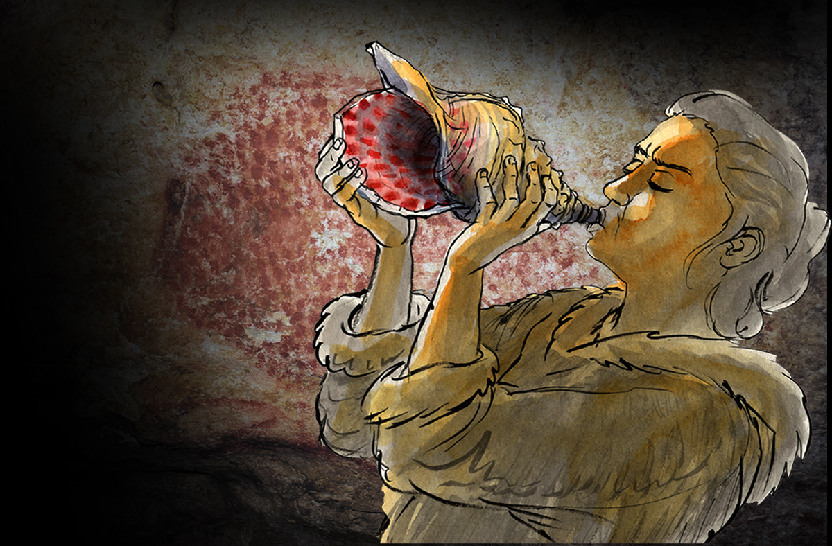 An artist's reconstruction of the instrument being played. In the background, a red dotted buffalo decorates the walls of the Marsoulas Cave. Similar motifs decorate the instrument. © Carole Fritz et al. 2021 / drawing: Gilles Tosello