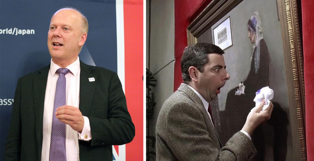 Left: Chris Grayling and right; Mr Bean accidentally destroying Whistler's Mother (1871) in the film Bean: the Ultimate Disaster Movie (1997) Grayling photo: British Embassy Tokyo
