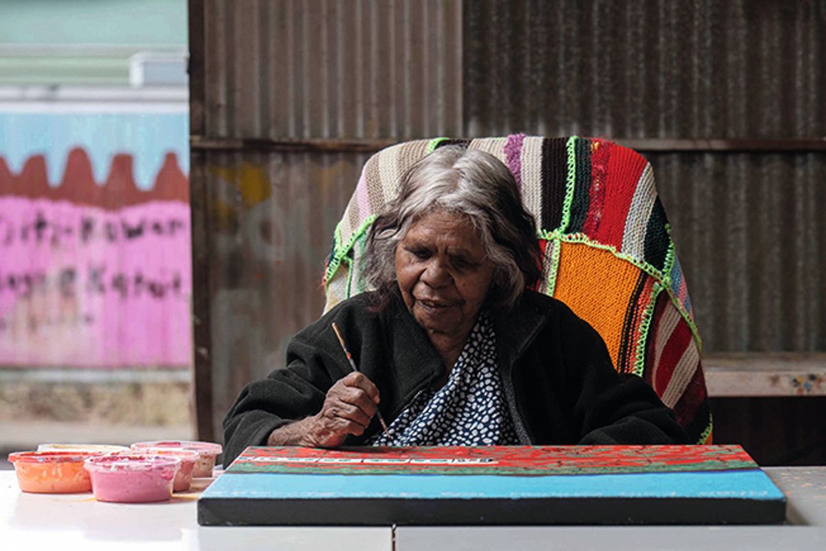 Nyinta Donald PeiPei, of the Pitjantjatjara people, at Tangentyere Artists studio in Mparntwe, Alice Springs, 2023

Photo: Rhett Hammerton
