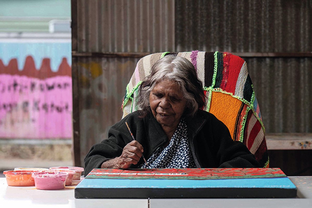 Nyinta Donald PeiPei, of the Pitjantjatjara people, at Tangentyere Artists studio in Mparntwe, Alice Springs, 2023
Photo: Rhett Hammerton