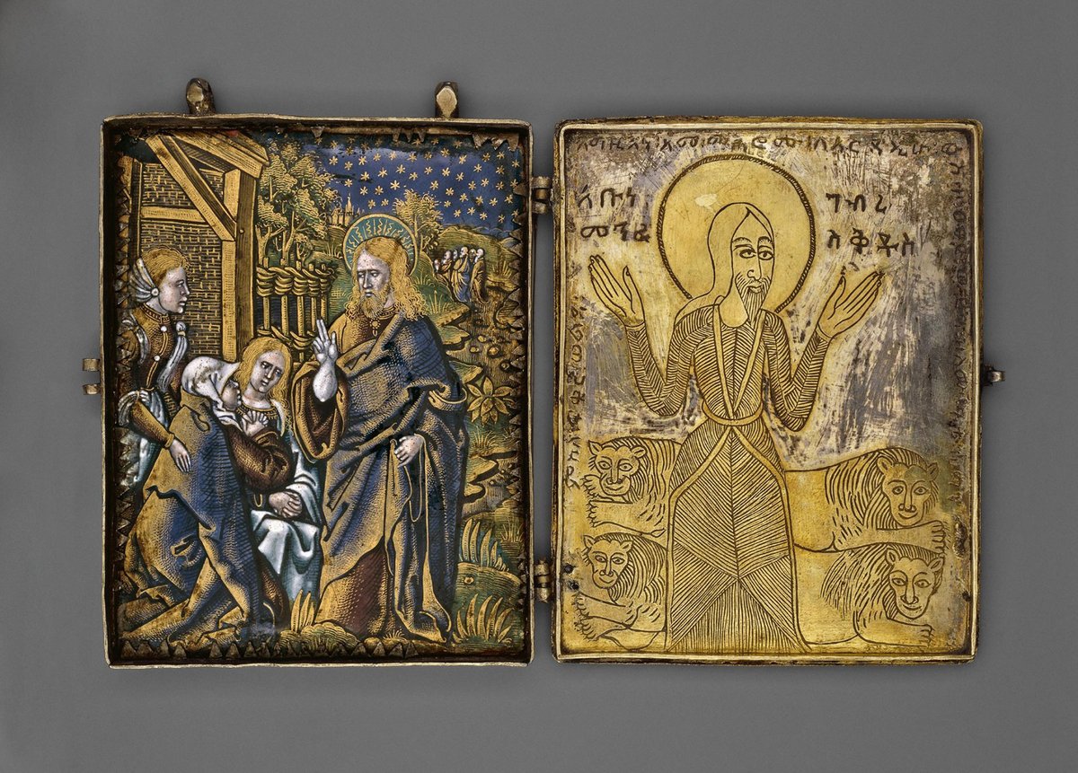 The British Museum diptych pairs a polychromed Limoges enamel copy (around 1570-1610) of Dürer’s 1511 woodcut Christ Taking leave of his Mother  and an image (probably late 18th-century or early 19th-century), crafted in Ethiopia, of the Orthodox hermit saint Saint Gabra Manfus Qeddus with four lions
Trustees of the British Museum