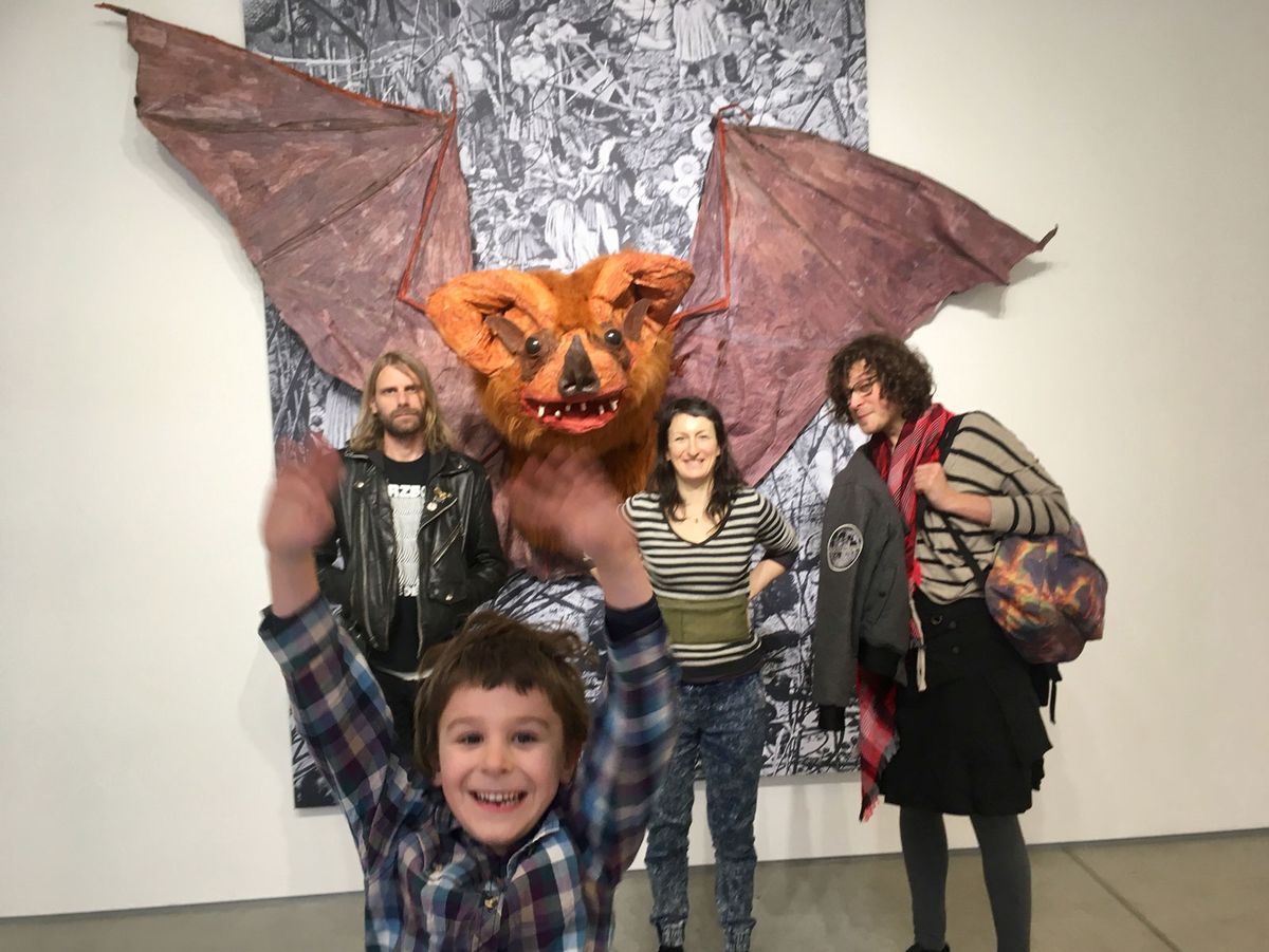 Brian Moran, Marvin Gaye Chetwynd and her son Dragon in front of Bat (2018) Louisa Buck