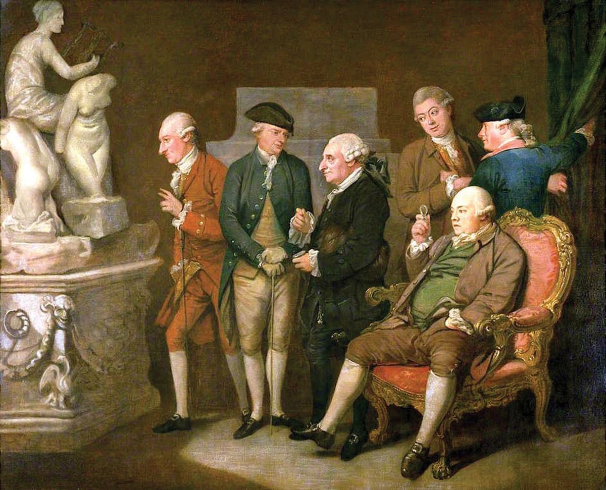 The outmoded image of 18th-century male-dominated, class-privileged art cognoscenti: Richard Cosway’s Group of Connoisseurs (1775) © Towneley Hall Art Gallery and Museum/Bridgeman Images