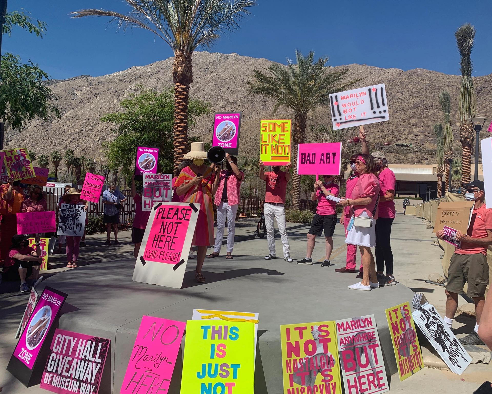 Protesters opposing the installation of a Marilyn Monroe sculpture on a site next to the Palm Springs Art Museum Helene Verin