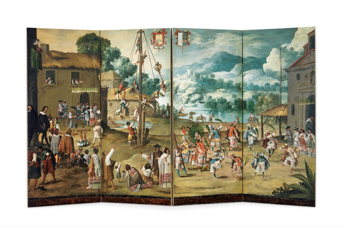 Unidentified artist, Folding Screen with Indian Wedding, Mitote, and Flying Pole (Biombo con desposorio indígena, mitote y palo volador), Mexico, 1660-90, Los Angeles County Museum of Art, purchased with funds provided by the Bernard and Edith Lewin Collection of Mexican Art Deaccession Fund © Museum Associates/ Lacma