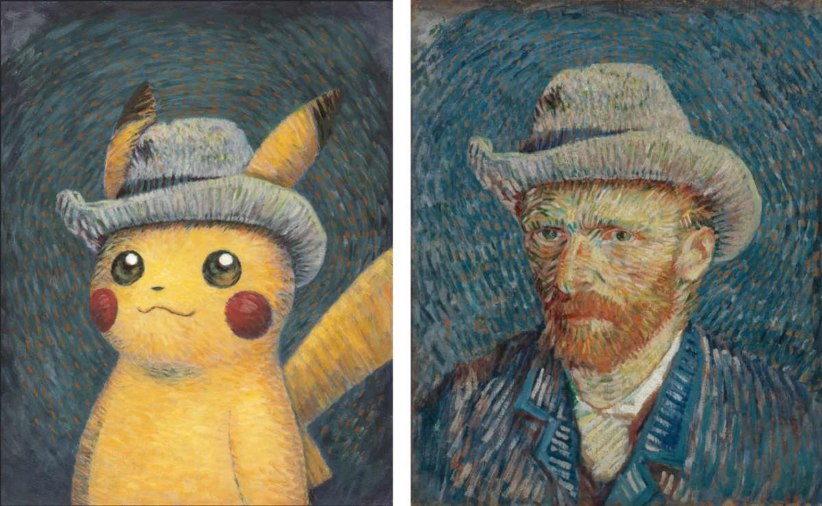 Left: Pikachu inspired by Self-Portrait with Grey Felt Hat, Naoyo Kimura (1960) © 2023 Pokémon / Nintendo / Creatures / Game Freak. Right: Vincent van Gogh, Self-Portrait with Grey Felt Hat (1887)


