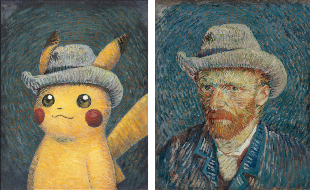 Left: Pikachu inspired by Self-Portrait with Grey Felt Hat, Naoyo Kimura (1960) © 2023 Pokémon / Nintendo / Creatures / Game Freak. Right: Vincent van Gogh, Self-Portrait with Grey Felt Hat (1887)