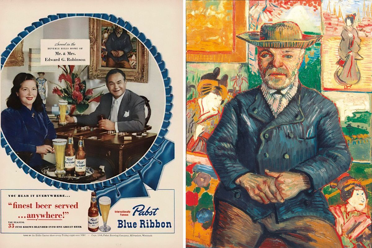 Edward Robinson and his Van Gogh, in an advertisement for Pabst Blue Ribbon (1949), and Van’s Gogh’s Portrait of Père Tanguy (autumn 1887) Credit for painting: private collection