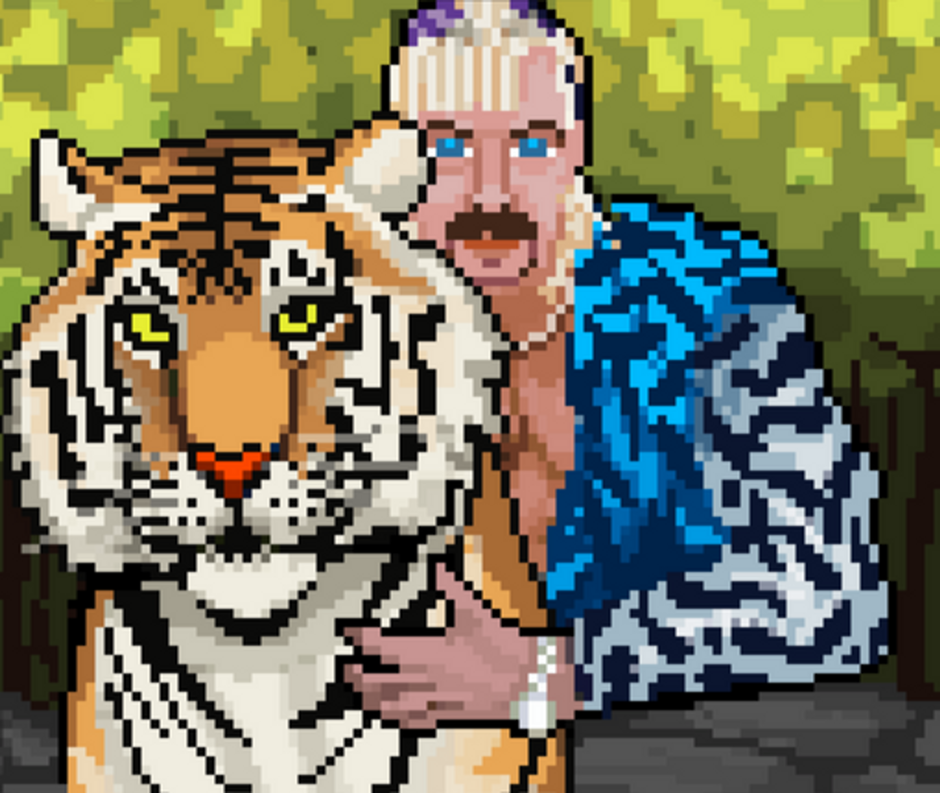 A portrait of Joe Exotic and his tiger Sarge is now available in pixelated form. The NFT edition size is limited to 3,900 which is the estimated number of tigers left in the world 