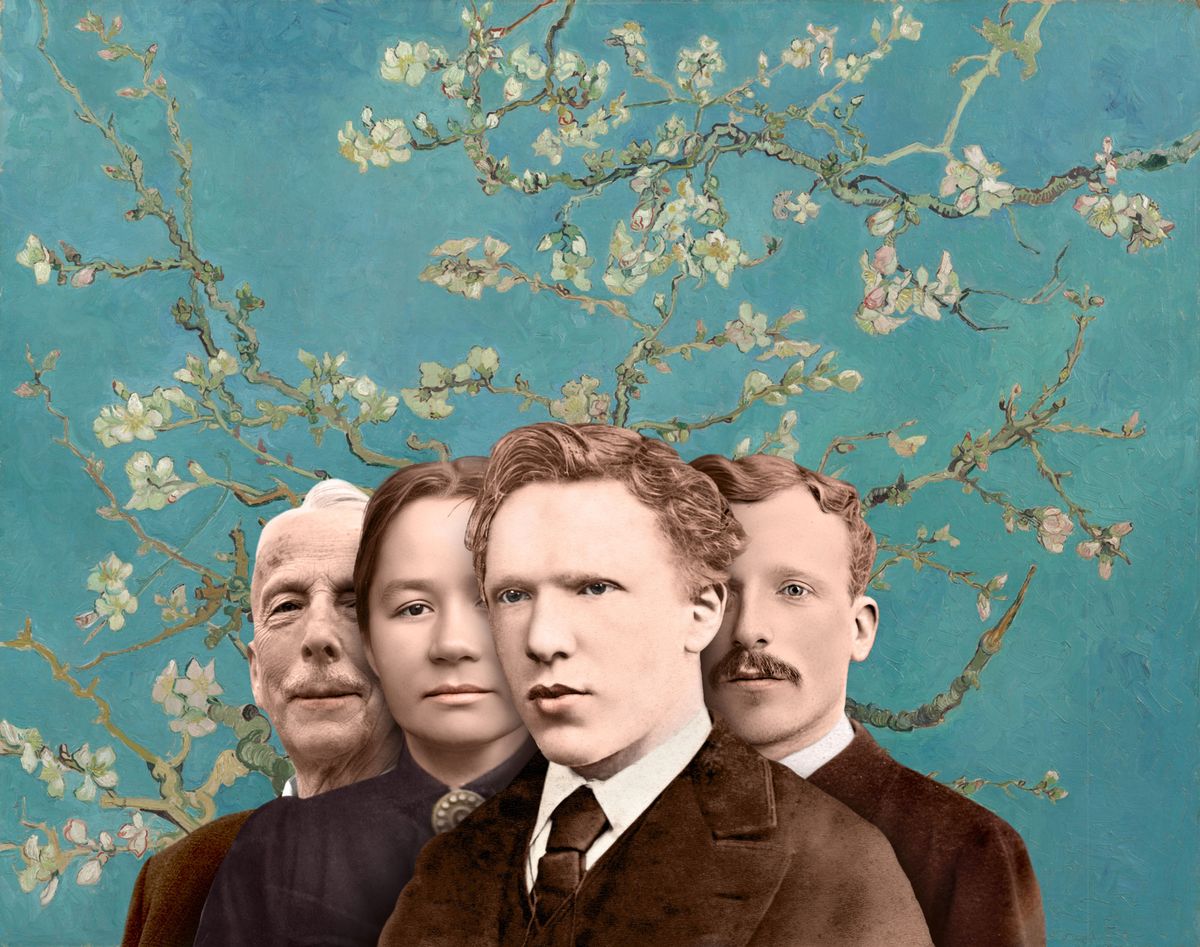 A photomontage with the young Vincent (front), Theo (right), Theo's wife Jo Bonger and their son Vincent, set against Van Gogh's Almond Blossom (February 1890) Courtesy of the Van Gogh Museum, Amsterdam