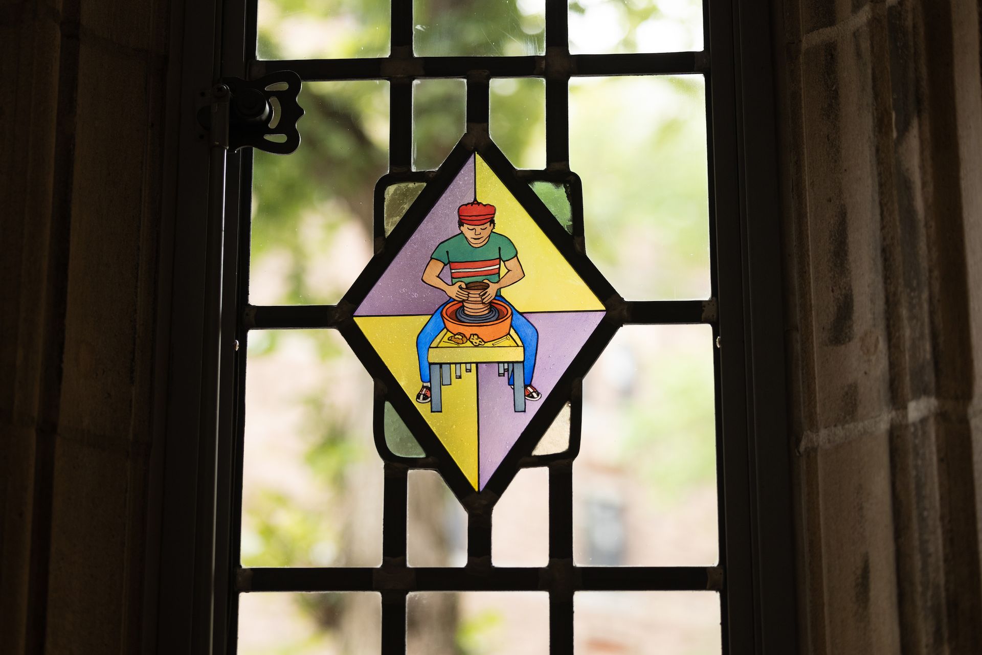 A stained-glass panel by Faith Ringgold at Hopper College, Yale University, New Haven, Connecticut Courtesy Yale University