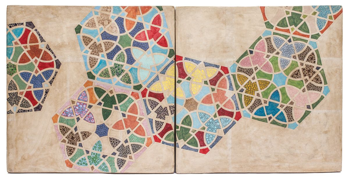 The Bengali artist Praneet Soi’s Srinagar II (2015) is part of a series of papier-mache tiles courtesy of Experimenter and the artist