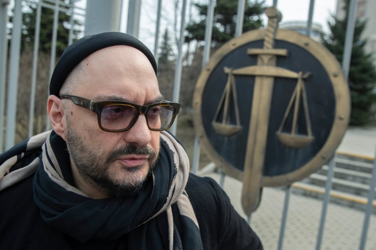 Russian theatre and film director Kirill Serebrennikov speaks to the media after a court hearing in Moscow, in 2019 AP Photo/Pavel Golovkin