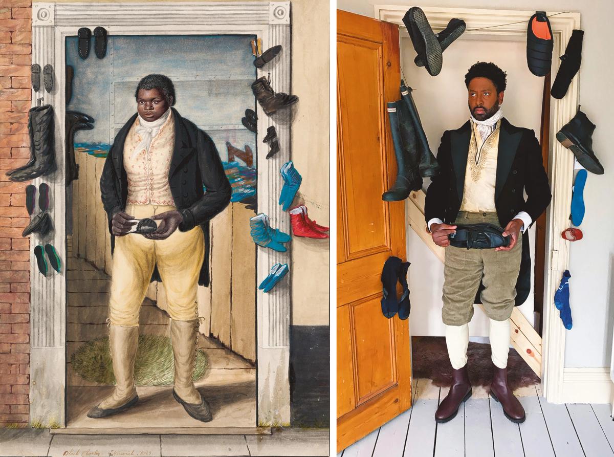 Peter Brathwaite’s re-creations include John Dempsey’s Black Charley, Norwich (around 1823); he was inspired by the Getty Museum Challenge, which encouraged participants to use household objects to reinterpret works of art Dempsey: Collection Tasmanian Museum and Art Gallery / Re-creation by Peter Brathwaite (with photographic partner Sam Baldock) © Peter Brathwaite