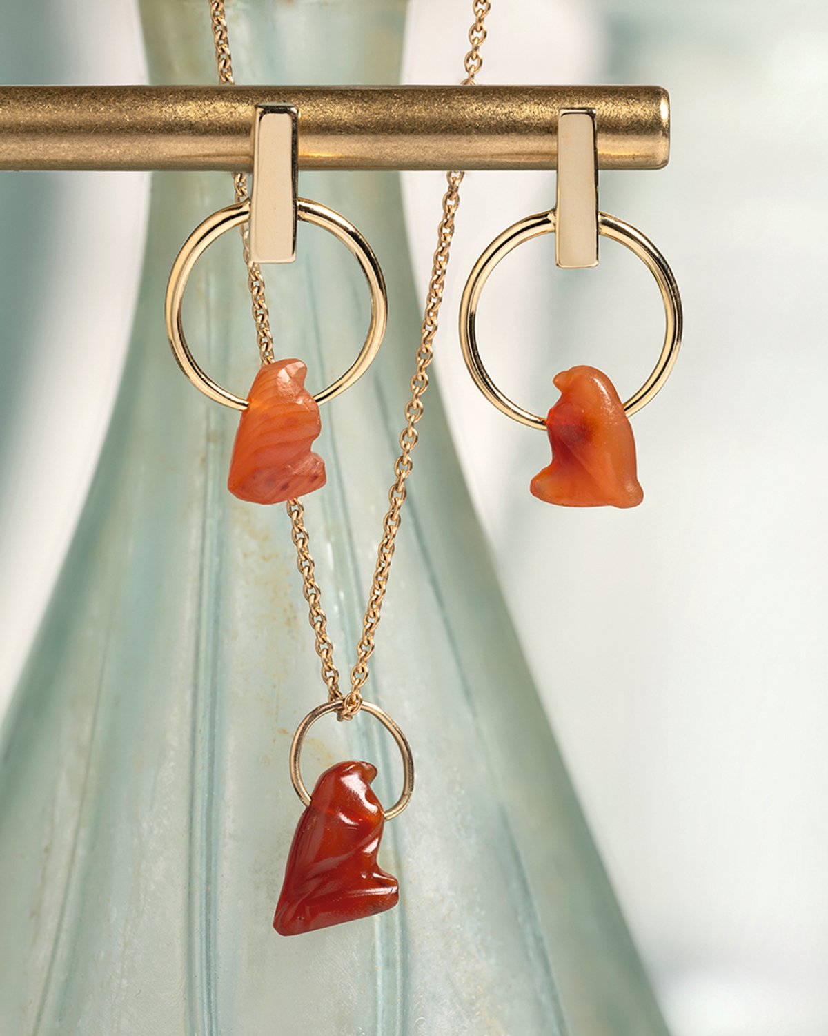 Egyptian, Middle Kingdom, carnelian falcon pendant jewellery, around 2030-1650BC (earrings), around 2000-700BC (necklace) Courtesy of Kallos Gallery, Jaron James